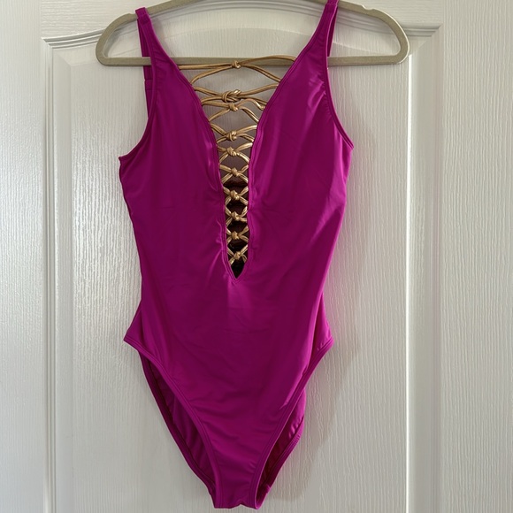 Blue Rod Beatie one piece fuchsia swimsuit with gold laces - Picture 5 of 7